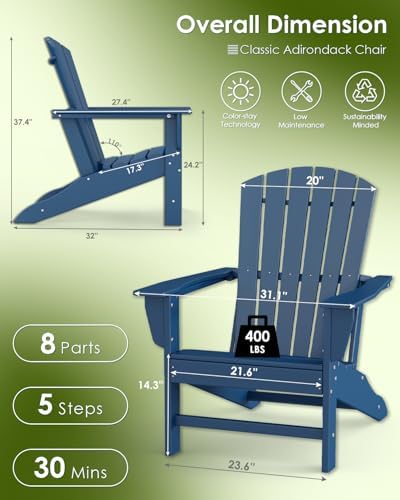 GREENVINES Oversized Adirondack Chairs Set of 2, HDPE All Weather, Blue
