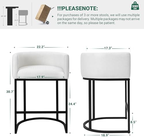 Counter Height Bar Stools Set of 2, 24 Inch Seat Height Barstools for Dining Room, Fabric Upholstered Bar Chair for Kitchen Island, Linen Counter Stools with Metal Legs, White