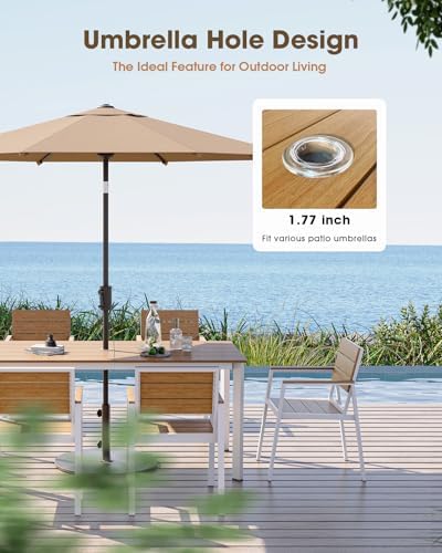 Outdoor Dining Set for 6, Aluminum Patio HDPS Outdooor Table and Chairs Set with Umbrella Hole, All Weather Patio Furniture Set, 7 Peice Patio Dining Table Set (White & Teak)