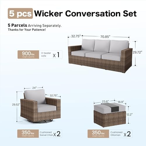 SUNSHINE VALLEY 5-Piece Wicker Patio Furniture Set with Wide Arm, Grey