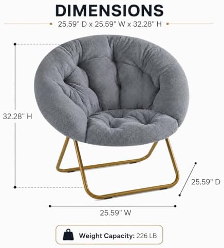 Simple Deluxe Cozy Chair, Faux Fur Saucer Chair for Bedroom, Comfy Foldable Moon Chair, Round Fluffy Chair for Living Room, Fuzzy Saucer Chairs for Adults Room, Gray