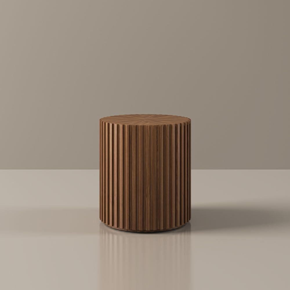 POVISON Round Coffee Side Table, Mid Century Wood End Table, Fluted Side Table for Living Room Bedroom Office, 20.08", Light Walnut