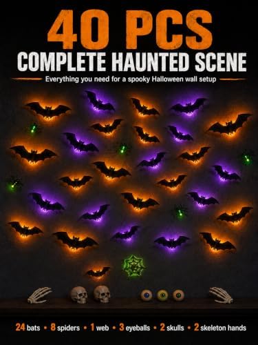 41 PCS 3D LED Halloween Bats Wall Decor with Spiders, Web & Skulls