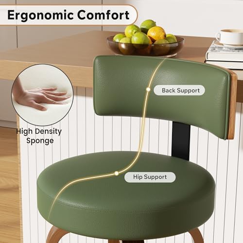 Swivel Bar Stools Set of 2, 26" Faux Leather Upholstered Counter Height Bar Stools with Back and Bentwood Legs, Mid Century Modern Bar Chairs Island Stools for Kitchen Counter, Green