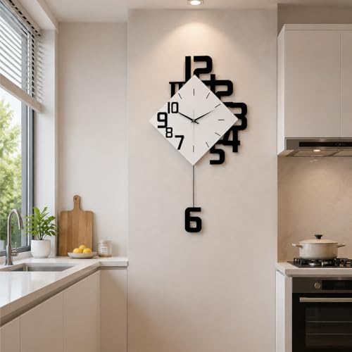 TeamSky Silent Wood Pendulum Wall Clock, Modern White Decorative Clock