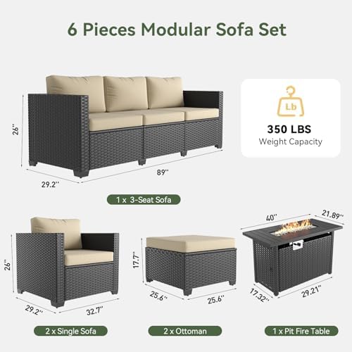 Aoxun Patio Furniture Set with Fire Pit Table, 6 Piece Outdoor Furniture Set with Wicker Ottomans, Rattan Outdoor Patio Sectional Sofas with Thickened Cushion & Waterproof Cover Beige