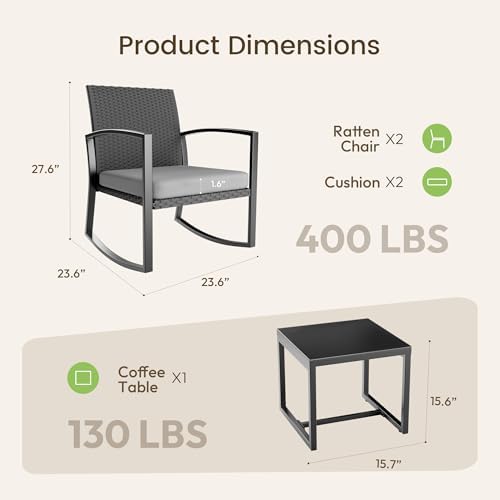 Rocking Patio Bistro Sets - All-Weather - 3 Piece Rattan Conversation Furniture Set, Wicker Outdoor Front Porch Chair for Balcony, Porch, Garden, Backyard, Poolside,Gray