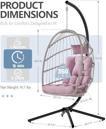SWITTE Egg Chair Outdoor with Stand, Indoor Wicker Hanging Egg Swing, Pink