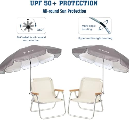 AMMSUN Chair Umbrella with Universal Clamp Adjustable 47 inches and 360° Swivel & UPF 50+ Protection Portable Sun Umbrella, Secure Clip on Camping/Beach Chairs, Stroller, Wheelchair, Golf cart, Lounger, Grey, 2 PACK