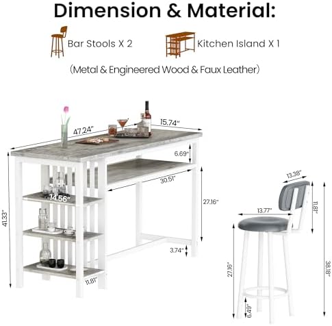 DKLGG 3-Piece Bar Table and Chairs Set, Counter Height Dining Table Set with Storage & 2 Upholstered Stools, Hightop Kitchen Bar Table for Small Space, Pub & Bistro