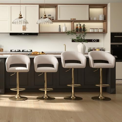 Hyfirm Set of 2 Beige PU Leather Swivel Adjustable Bar Stools Gold Base
