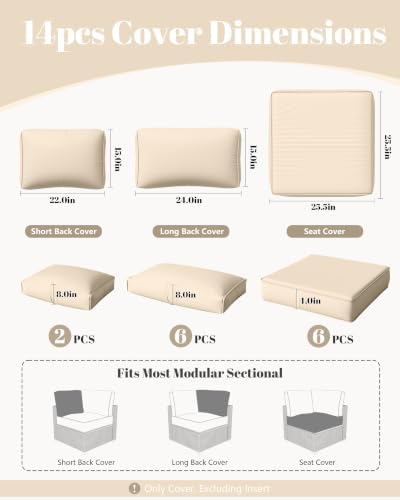 14 Pcs Outdoor Cushion Slipcovers Outdoor Patio Cushion Covers Replacement Waterproof with Zipper for Outdoor Furniture, Patio Sofa Couch 3 Sizes, Covers Only