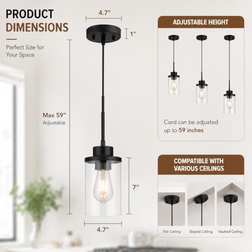 Black Farmhouse Clear Glass Cylinder Pendant Light, Modern Hanging Fixture (3 Pack)