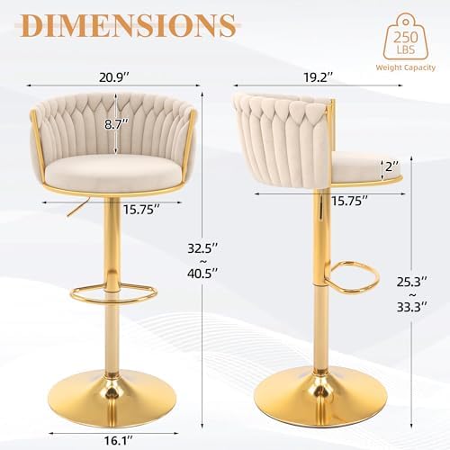 ABET Beige Gold Bar Stool Set of 2, Adjustable Height with Woven Backrest