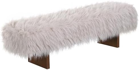 Christopher Knight Home Lenka 67" Long-haired Faux Wool Bedroom Bench, Rubberwood Ottoman Bench, Spacious Seating, Long Footstool for Living Room, Luxury Entryway Bench, Brown+Beige