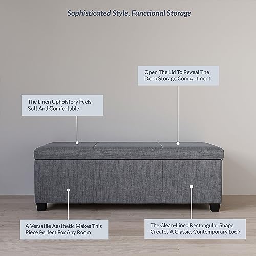 BELLEZE Storage Ottoman, 47 Inch Bench Bedroom Bench with Safety Close Hinge, Extra Long Ottoman with Storage for Living Room, Entryway, Hallway, Foot Rest, Support 300lbs - Gray