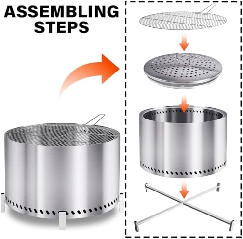 HGD 27.5" Smokeless Fire Pit with Stand & Grill Rack, Large Stainless Steel Wood Burning Firepit with Secondary Combustion, Backyard Patio Stove for Outdoor, Garden, BBQ & Bonfire (Silver)