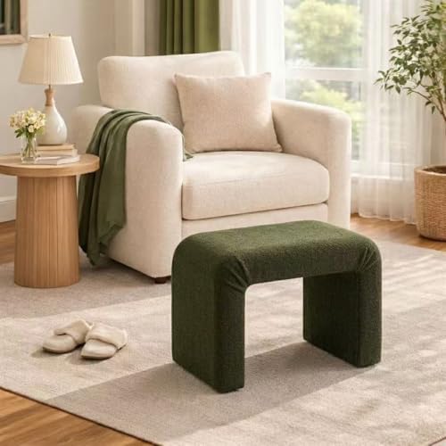 Modern Boucle Ottoman Footstool, 24" Arched Upholstered Vanity Stools, Small Foot Rest for Entryway, Living Room, Bedroom (Fully Assembled),Dark Green
