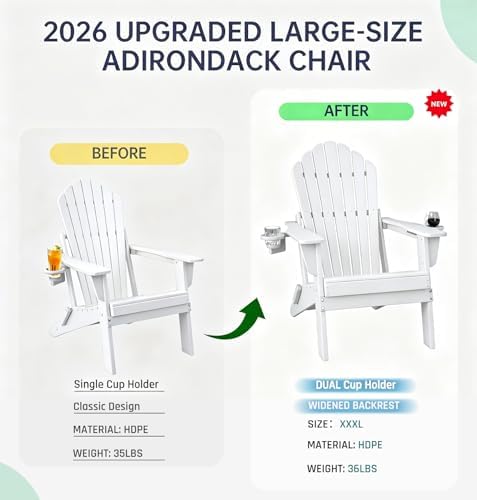 Plawdlik Oversized Folding Adirondack Chair, HDPE All-Weather Patio Chair with 2 Cup Holders, High Back Wide Seat Fire Pit Chair for Outdoor Lawn Garden, White (Set of 2)