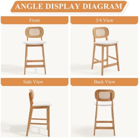 Shunzhi Rattan Bar Stools Set of 3, Upholstered Farmhouse Barstools with Woven Back, Boho Wood Kitchen Island Chairs, Comfy Counter Height Bar Chairs for Pub/Home Bar, Cream Faux Fur