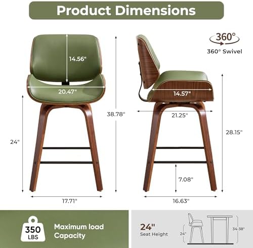 Swivel Bar Stools Set of 2,24" Upholstered Faux Leather Barstools,Mid Century Modern Counter Height Barstools with Walnut Bentwood Back & Legs,Bar Chairs for Kitchen Island Counter Bar Green