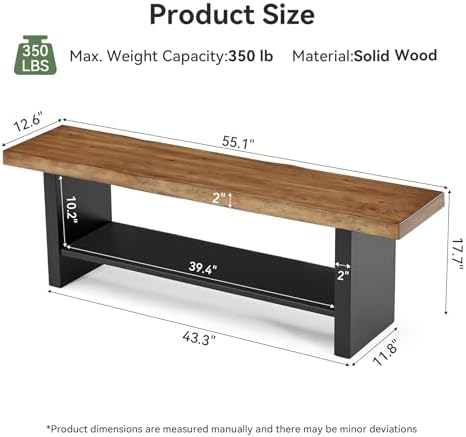 55" Solid Wood Bench with Shoe Storage, 2-Tier Farmhouse Entryway Bench, Narrow Rustic Brown Bench for Bedroom, Hallway