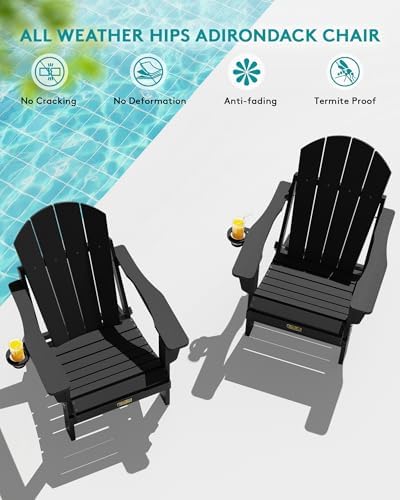 SERWALL Folding Adirondack Chair with Cup Holder Set of 2, Fire Pit - Black