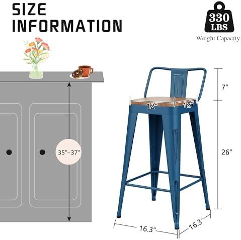 26" Barstools Set of 4 Counter Height Bar Stools Side Chair-Distressed Navy