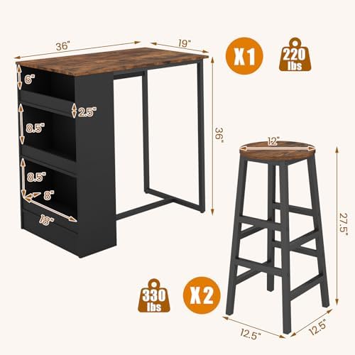 Giantex 3-Pieces Dining Table Set, 36-Inches Rectangular Kitchen Table and 2 Barstools with Storage Shelves, Counter Height Table Set for Small Space, Breakfast Nook, Dinette, Pub, Living Room