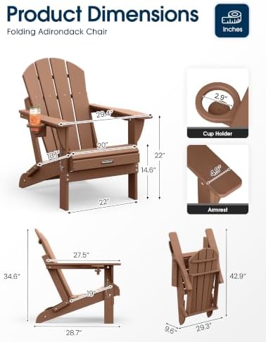 MUCHENGHY Folding Adirondack Chairs Set of 6, HDPE Patio Chair, Teak