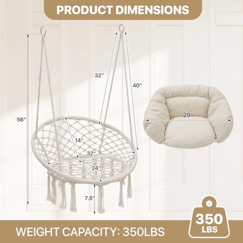 Monibloom Hanging Hammock Chair Macrame Swing with Cushion, Beige