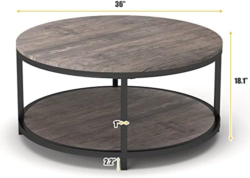 NSdirect Round Coffee Table,36" Coffee Table for Living Room,2-Tier Rustic Wood Desktop with Storage Shelf Modern Design Home Furniture(Light Walnut)