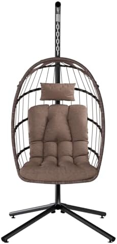SWITTE Egg Chair Outdoor with Stand, Indoor Wicker Hanging Egg Swing, Brown