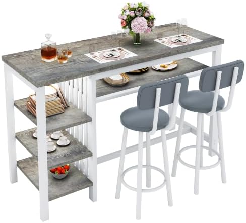 DKLGG 3-Piece Bar Table and Chairs Set, Counter Height Dining Table Set with Storage & 2 Upholstered Stools, Hightop Kitchen Bar Table for Small Space, Pub & Bistro