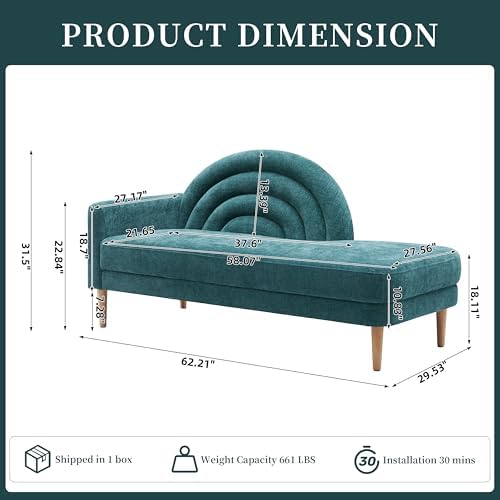 62.2" Linen Chaise Lounge Chair Indoor with Right Armres, Turquoise