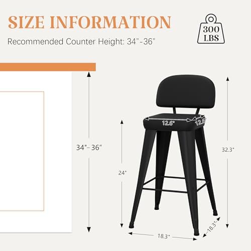 Yongchuang 24" Bar Stools Set of 4, Black Faux Leather Barstools with Back