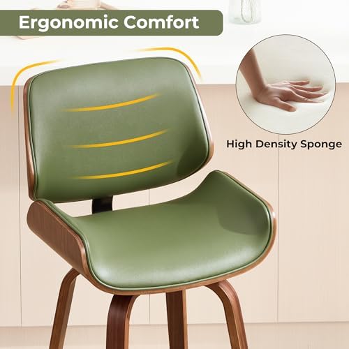 Swivel Bar Stools Set of 2,24" Upholstered Faux Leather Barstools,Mid Century Modern Counter Height Barstools with Walnut Bentwood Back & Legs,Bar Chairs for Kitchen Island Counter Bar Green