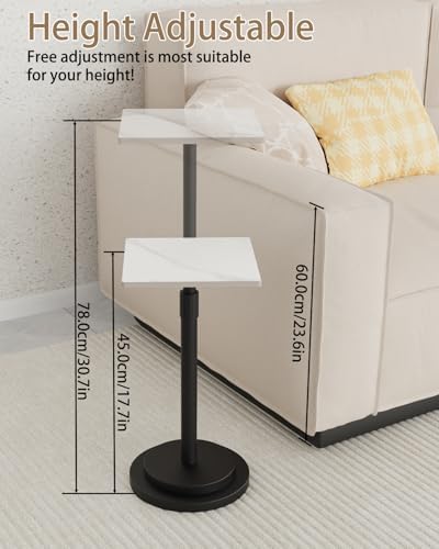 Square Side Table, Height Adjustable Vintage Drink Stand, White