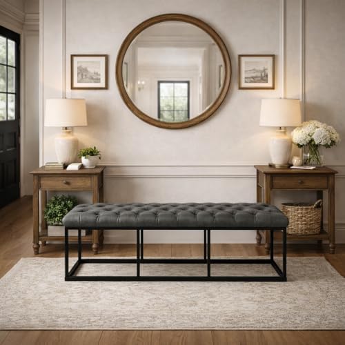 HomePop 52" Button Tufted Decorative Bench with Metal Base - Gray Faux Leather