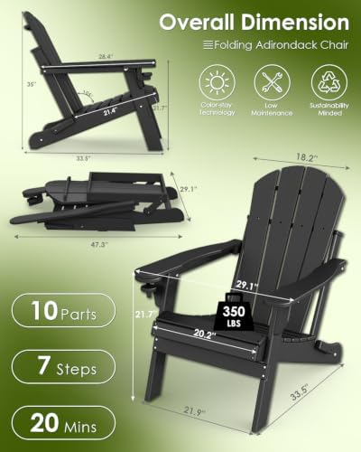 GREENVINES Folding-Adirondack-Chairs Set of 2, HDPE All Weather, Black