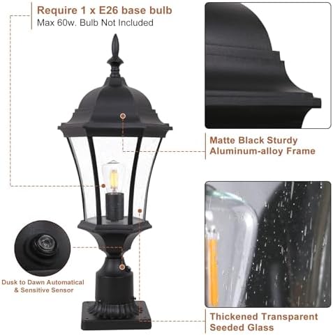 24 Inch Large Dusk to Dawn Outdoor Post Lights Aluminum Black Exterior Post Pole Lamps Outside Pathway Column Lights, Outdoor Pier Mount Light with Seeded Glass, LMMS4610-M-BK-2P