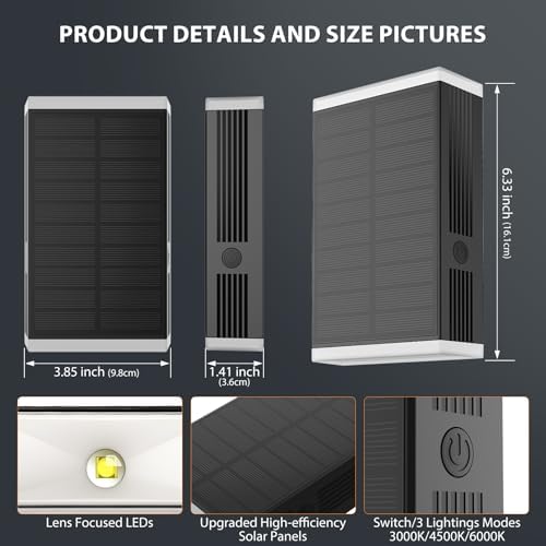 Solar Wall Light Outdoor,3000/4000/6000K 3 Modes Dusk to Dawn Lighting Wall Sconce IP67 Waterproof Up and Down Solar Lights Outdoor for House, Garage, Porch,Doorway (2 Pack)