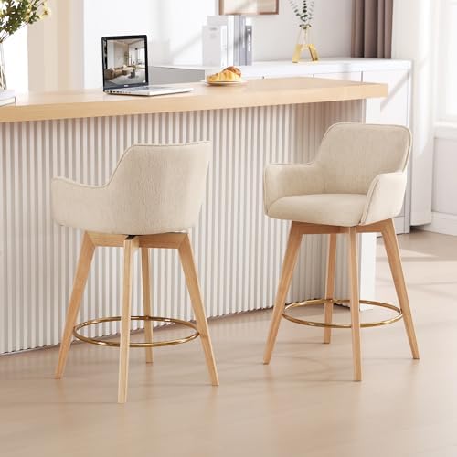 ONEVOG Swivel Counter Height Bar Stools with Backs, Natural Solid Wood Legs