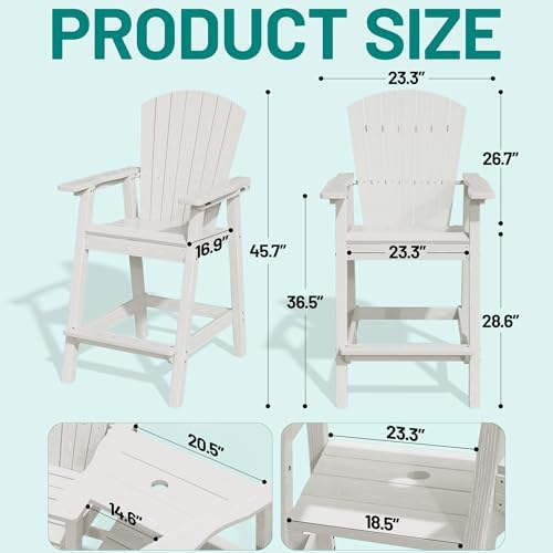 PLUUV Tall Adirondack Chairs Set of 2 with Double Connecting Trays, White