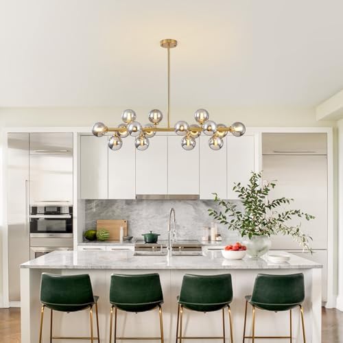 Mid Century Modern Glass Globe Sputnik Chandelier with Smoke Grey Bubble, 16-Light Large Linear Chandeliers for Dining Room Kitchen Island Living Room, Gold Dining Light Fixture Over Table