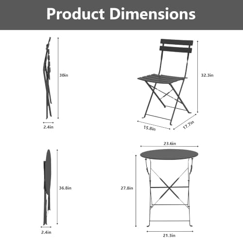 3-Piece Patio Bistro Set, Folding Outdoor Bistro Table and Chairs for 2 with Sturdy Steel Frame, No Assembly Small Space-Saving Patio Furniture Set for Balcony Garden Porch, Black (Set of 2)