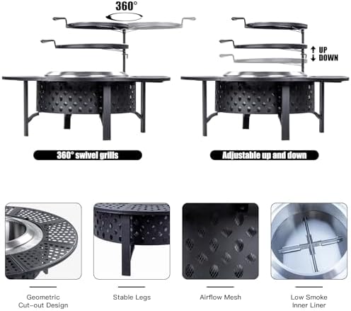 OutVue 47 Inch Smokeless Fire Pit with 2 Grills,Large Firepits for Outside
