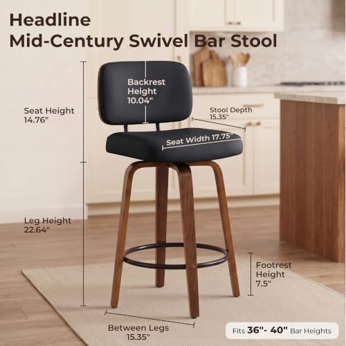 Counter Height Bar Stools Set of 2, 26+inch Swivel Faux Leather Barstool with Back, Upholstered Mid-Century Modern Bar Chairs with Bent Wood Legs for Kitchen Counter, Dining Room