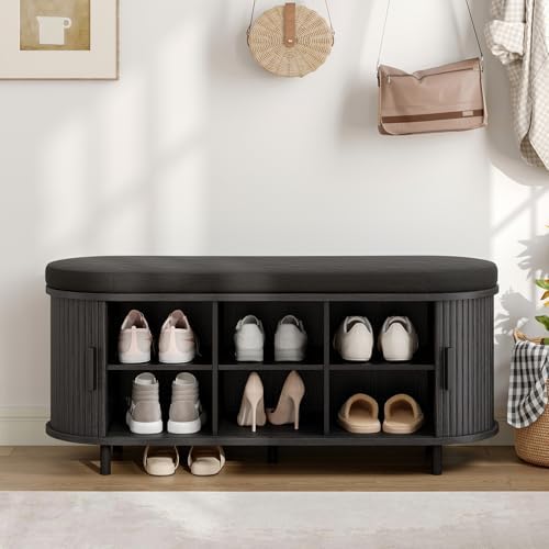 ONBRILL 43" Shoe Bench with Storage, Fluted Shoe Storage Bench, Black