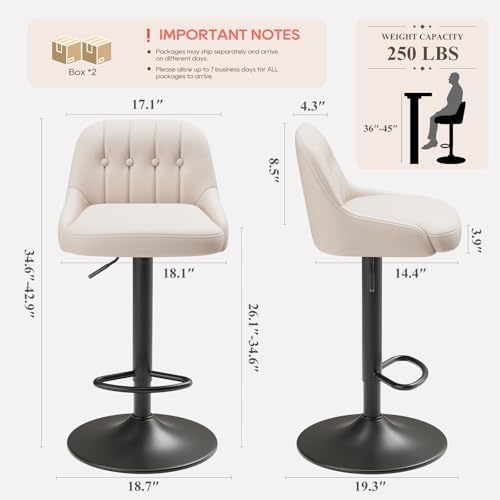 MALOL Bar Stools Set of 4, Swivel Bar Chairs, Modern Adjustable PU Leather Upholstered Barstools Counter Height with Tufted Back for Bar, Kitchen Counter Island, Dining Room, Beige